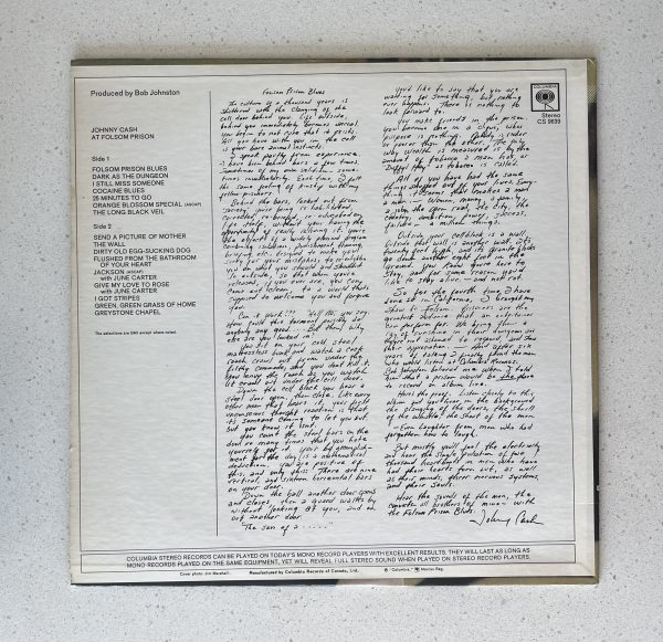 Johnny Cash Folsom Prison Vinyl Record Album LP CS 9639 - Image 4