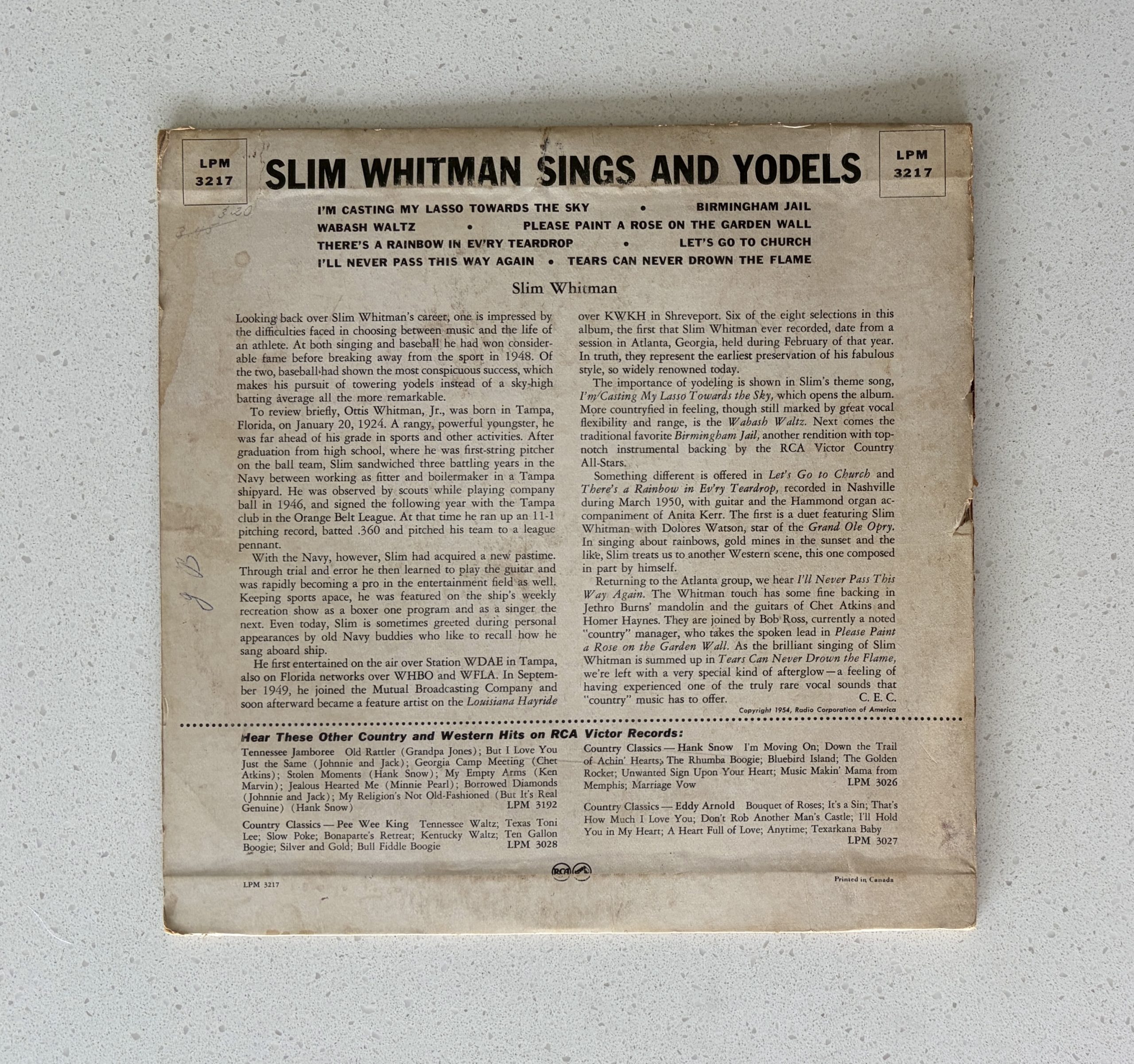 Slim Whitman Sings And Yodels Vinyl 10" VG/G+ (LPM 3217) - Image 4